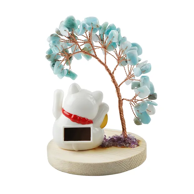 Geldbaum Larimar mit winkender Katze, 10cm | GH Edelsteine, Heilsteine & Schmuck