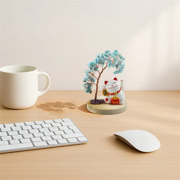 Arbre à argent Larimar avec chat qui fait signe, 10cm | Marco Schreier