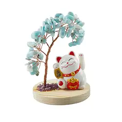 1019604315 Money tree Larimar with waving cat. 10cm | wholesaler gems & healing stones