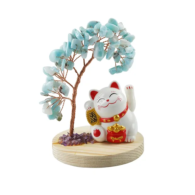 Arbre à argent Larimar avec chat qui fait signe, 10cm | Marco Schreier