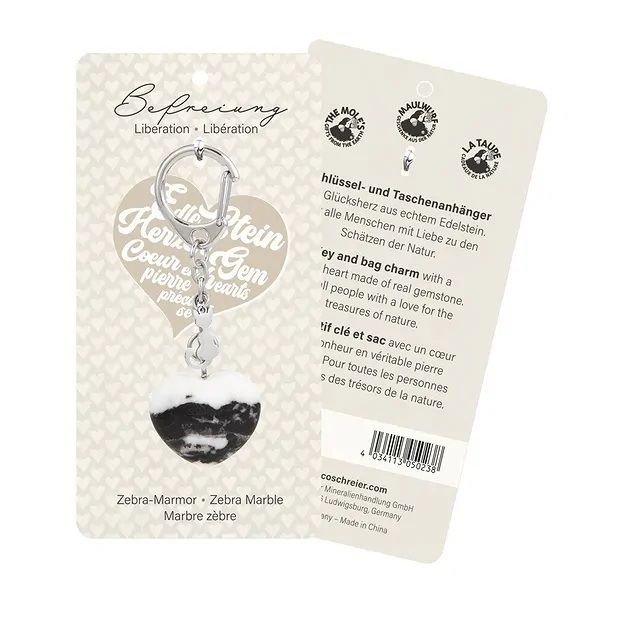 Portachiavi cuore zebrato in marmo con gatto | grossista gemme e pietre curative