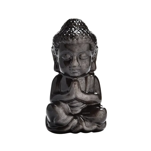 Gravur Buddha betend, Silberglanz-Obsidian, 6,0cm, poliert | Marco Schreier