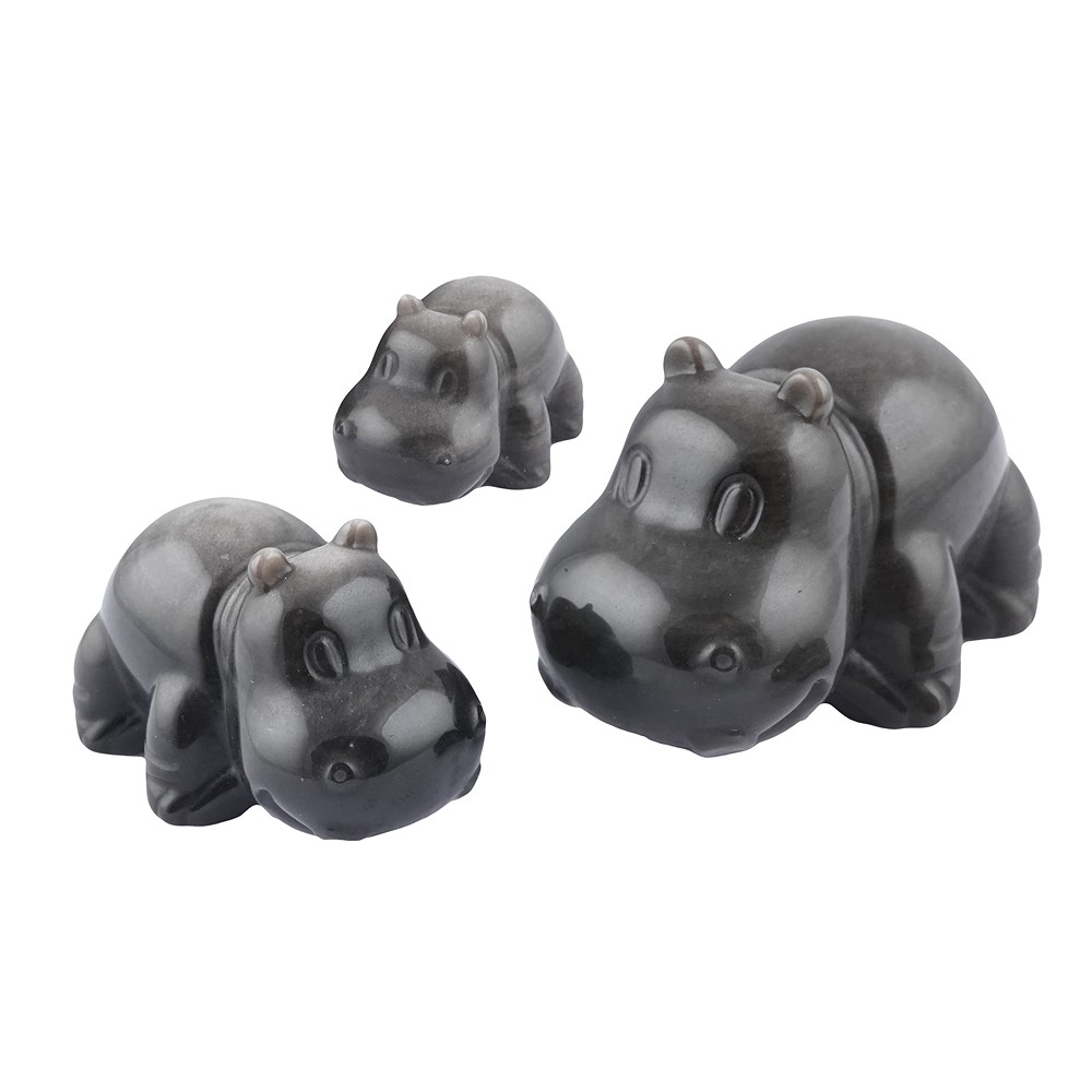 Gravure hippopotame, obsidienne (obsidienne argentée), 4,5 - 7,5cm (3 pcs/UC) | Marco Schreier