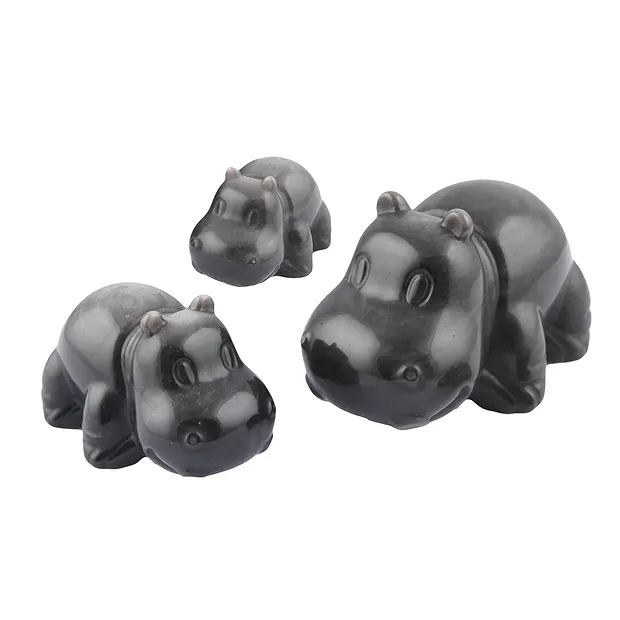 Engraving hippos, Obsidian (silver luster obsidian), 4,5 - 7,5cm (3 pcs./ PU) | Marco Schreier