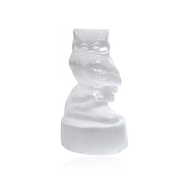 Engraved bird (owl on tree), selenite (white), 5.0 cm | Marco Schreier