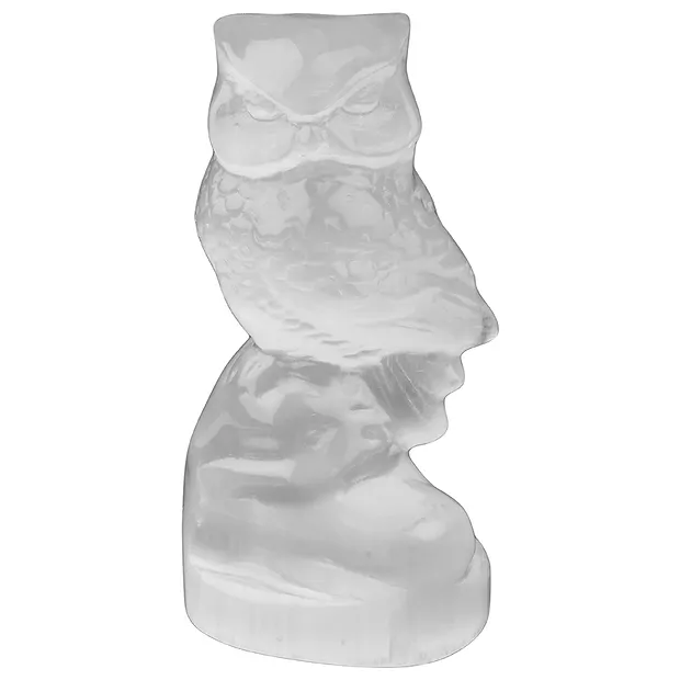 Engraved bird (owl on tree), selenite (white), 9.5 cm | Marco Schreier