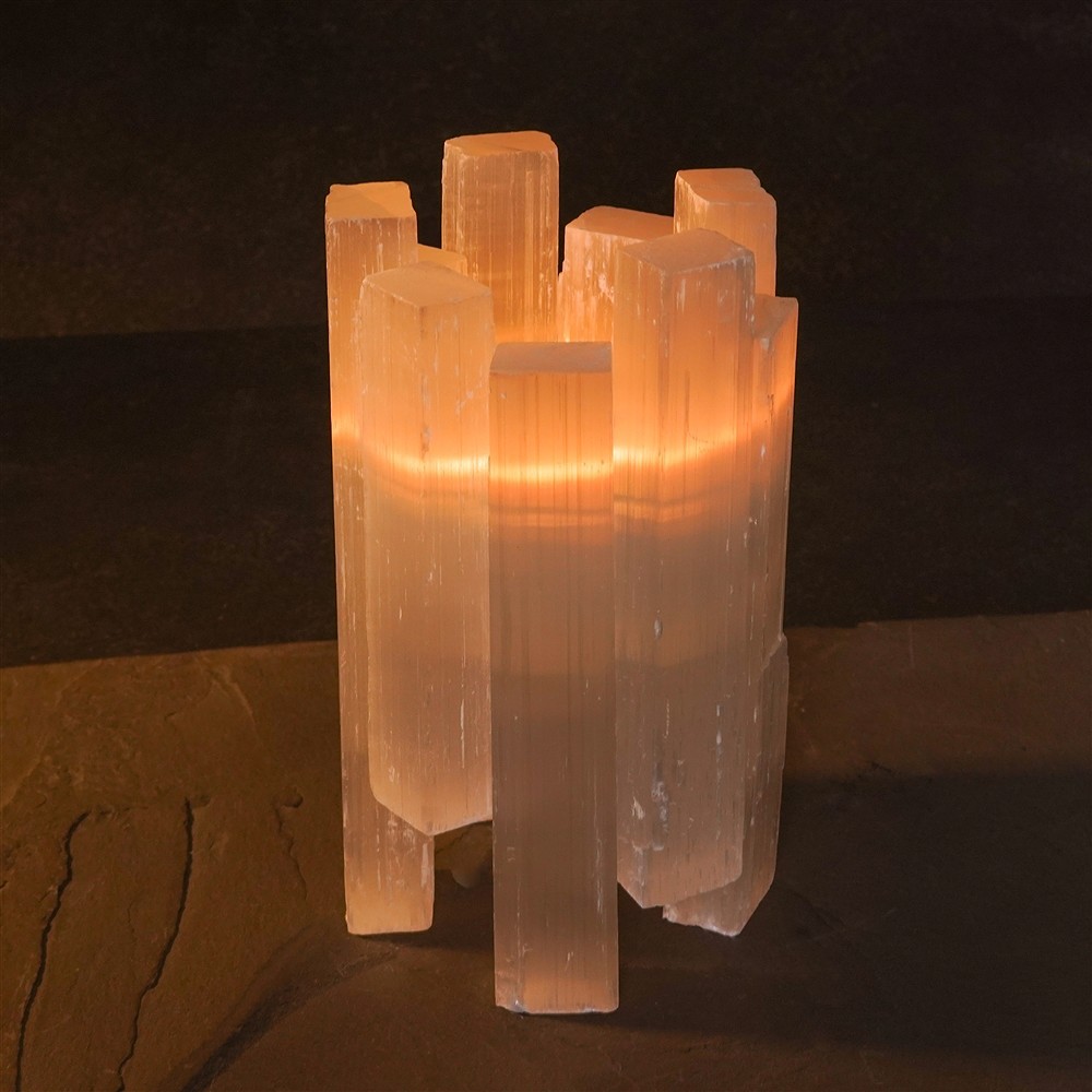 Tealight selenite rod tower white, 14cm | wholesaler gems & healing stones