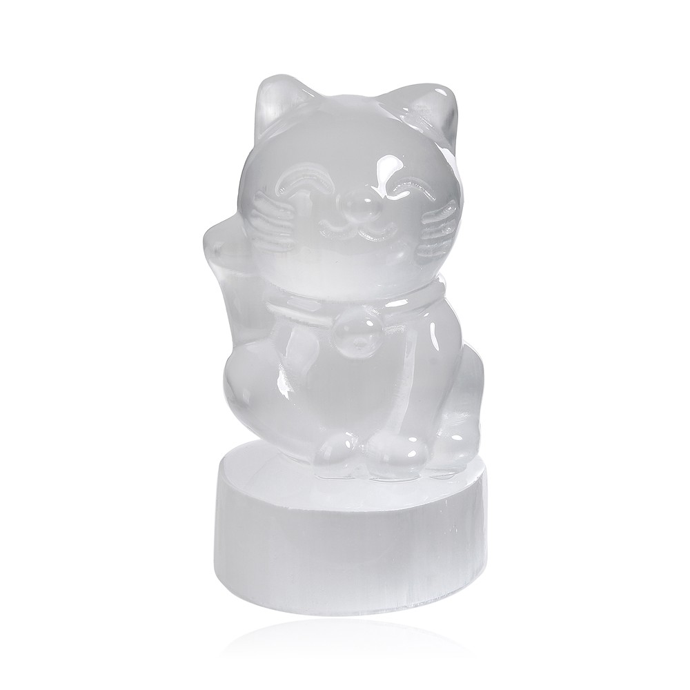 Gatto da incisione (Money Cat), selenite (bianca), 9,0 cm | Marco Schreier