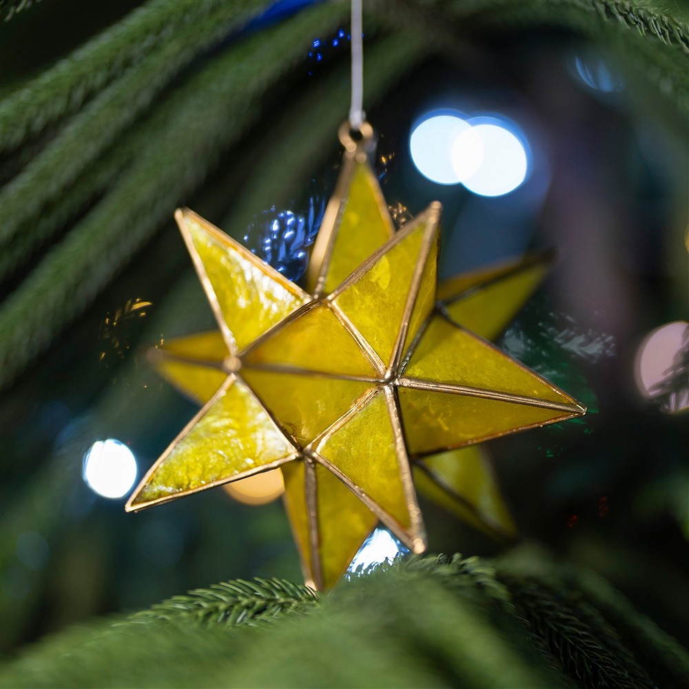 Pendentif décoratif Coquille Capiz double étoile jaune, 16cm  | Marco Schreier