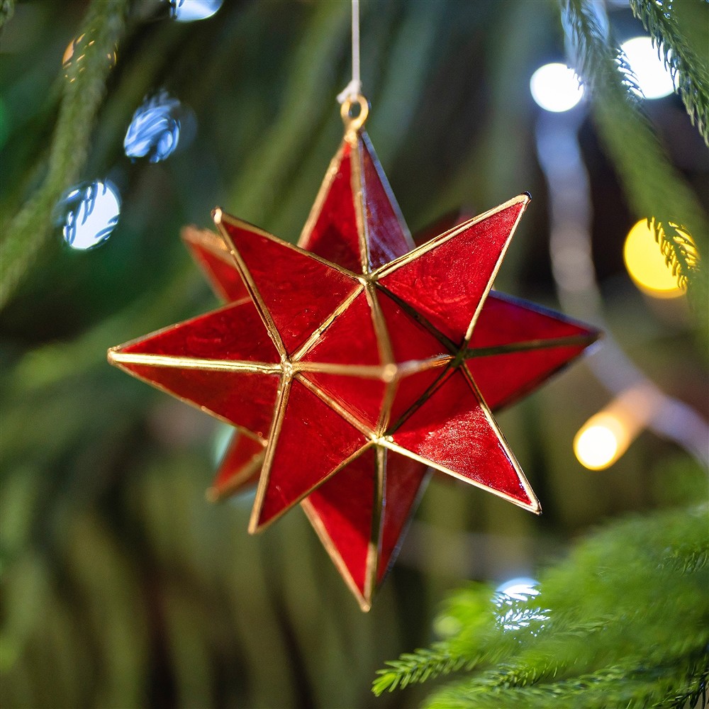 Colgante decorativo concha capiz doble estrella roja, 16cm | Marco Schreier