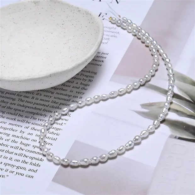 Collar de perlas de agua dulce en grano de arroz, blanco-crema, 06 x 04-05mm (39cm) | Marco Schreier