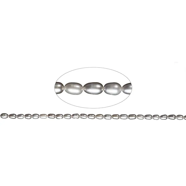 Strand of rice grain, freshwater pearl, silver-grey (dyed), 06-07mm | Marco Schreier