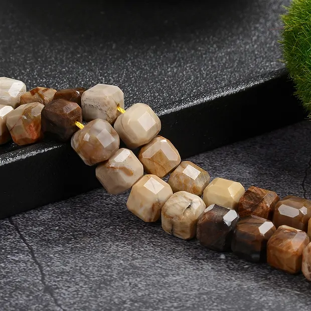 Rang de collier, cube, Bois fossilisé, 08mm, facetté | Marco Schreier