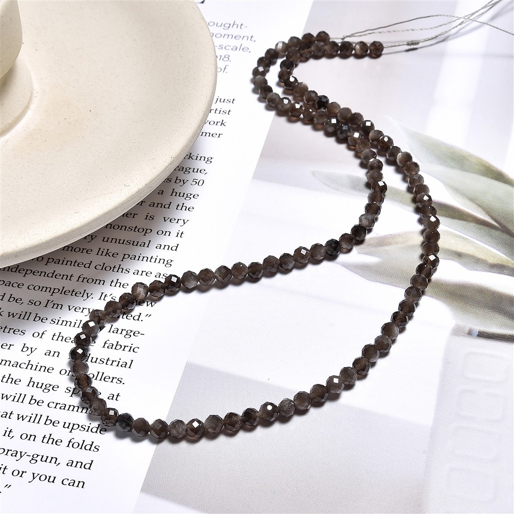 String Beads, Obsidian (silver luster obsidian), 04mm, faceted | Marco Schreier