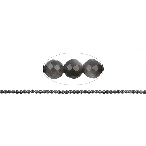 Rang de collier boules, obsidienne (éclat argenté), 04 mm, facettées | Marco Schreier