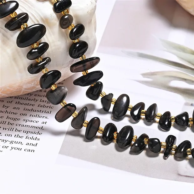 Rang de colliers Nugget "dent", Obdisian (obsidienne argentée), 06-08 x 13-16mm (39cm) | Marco Schreier