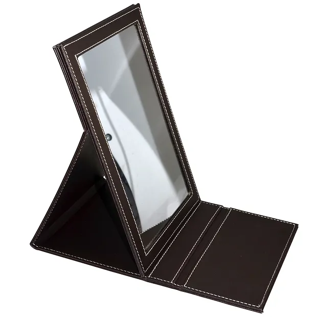 Mirror in dark brown imitation leather case, can be set up on 2 levels | Marco Schreier