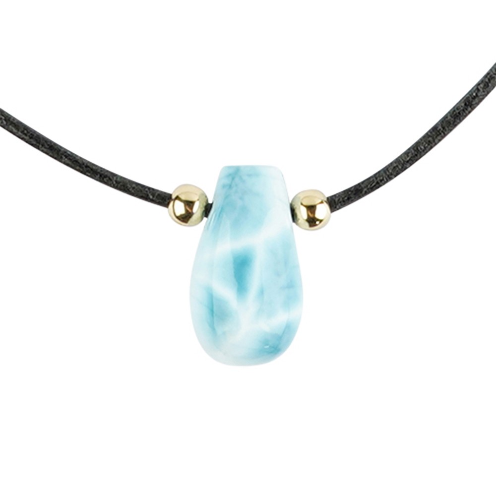 Larimar-Collier Leder mit Tropfen (20 x 10mm), 40 - 80cm, vergoldet | Marco Schreier