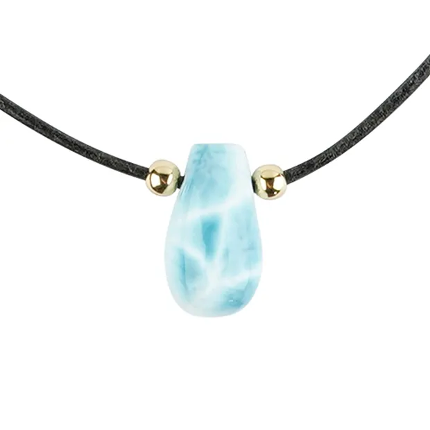 Larimar-Collier Leder mit Tropfen (20 x 10mm), 40 - 80cm, vergoldet | Marco Schreier
