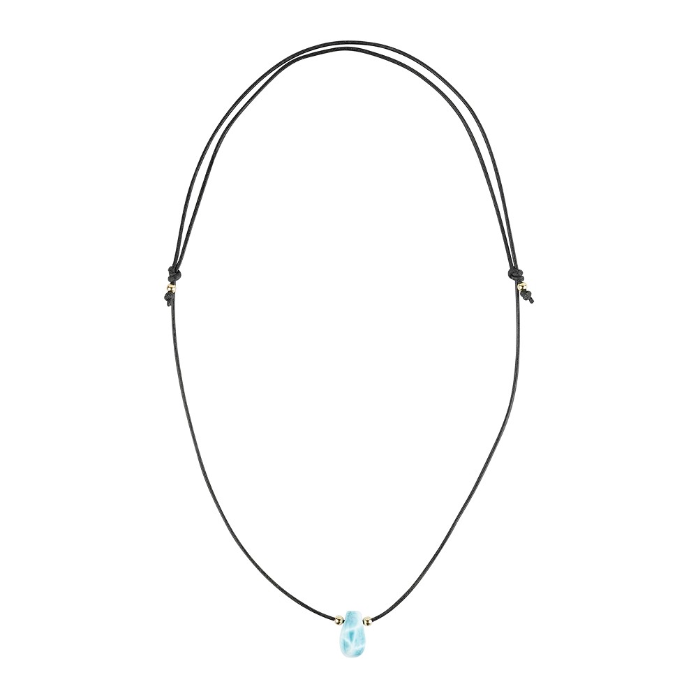 Larimar-Collier Leder mit Tropfen (20 x 10mm), 40 - 80cm, vergoldet | Marco Schreier