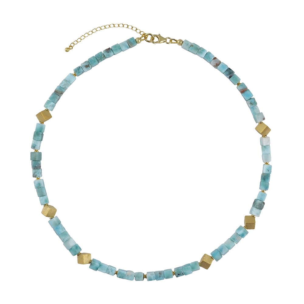 Collar de Larimar, cubo (5mm), chapado en oro, cadena de extensión  | Marco Schreier