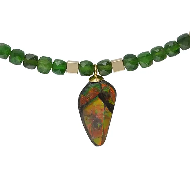 Collier Chromdiopsid Würfel (4mm), Ammolith, vergoldet, Verlängerungskettchen | Marco Schreier