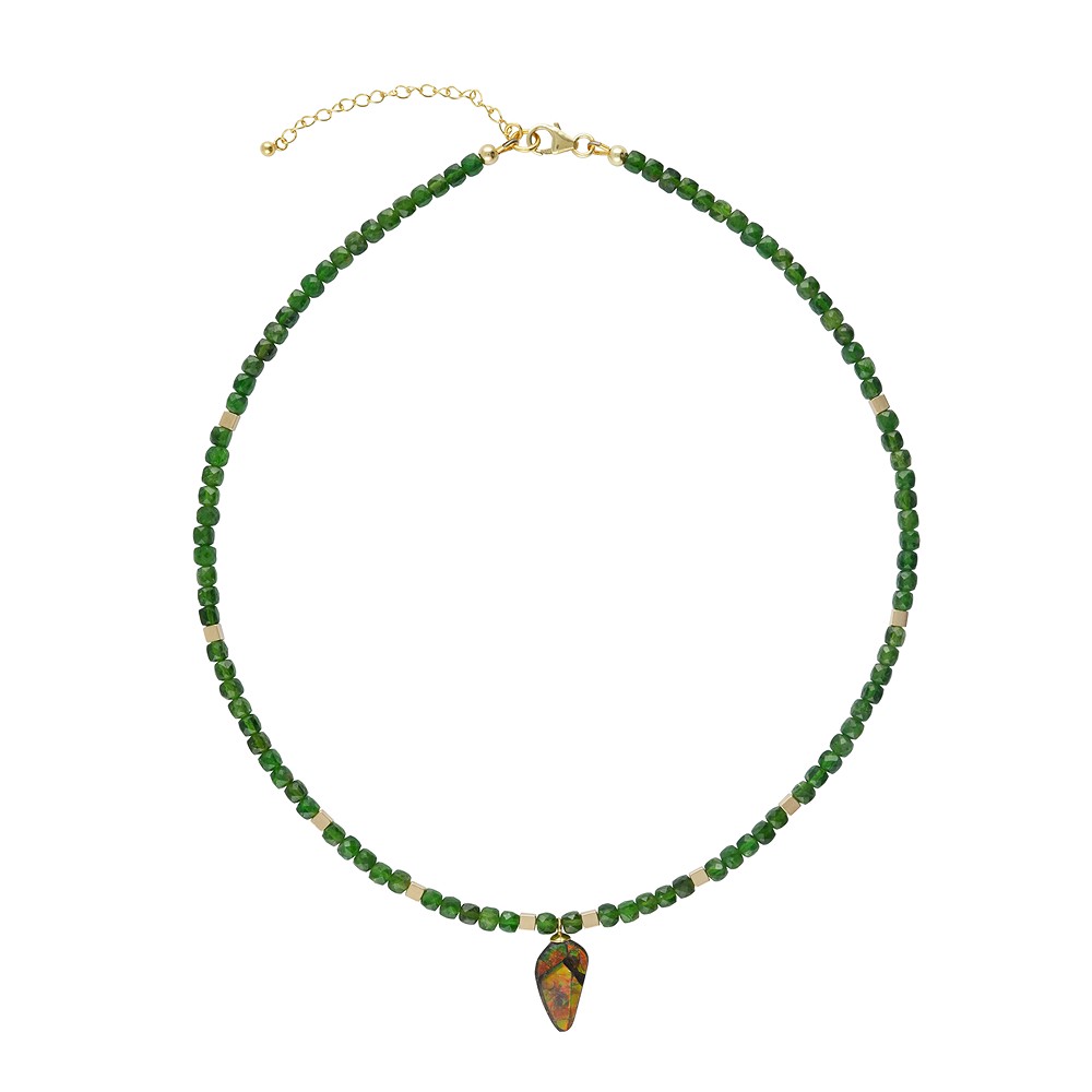 Collana cubo di Diopside di cromo (4 mm), Ammolita, placcato oro, catena di prolunga | Marco Schreier