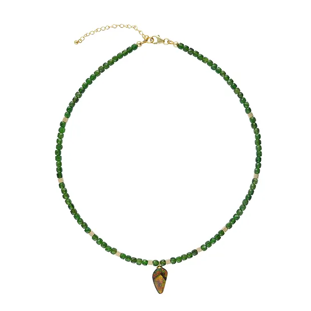 Collana cubo di Diopside di cromo (4 mm), Ammolita, placcato oro, catena di prolunga | Marco Schreier