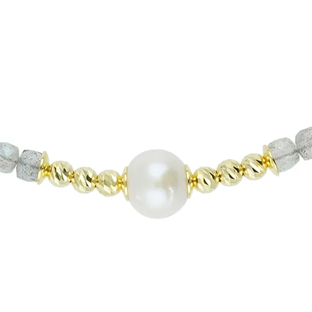 Collana Atelier Schorl (4 mm), cubo di labradorite (4,5 mm), perla (10 mm), placcata oro, catena di prolunga | Marco Schreier