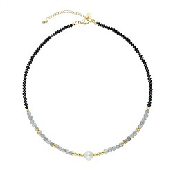 241009250071 Atelierkette Schörl-Button (4mm), Labradorit-Würfel (4,5mm), Perle (10mm), vergoldet, Verlängerungskettchen | Marco Schreier