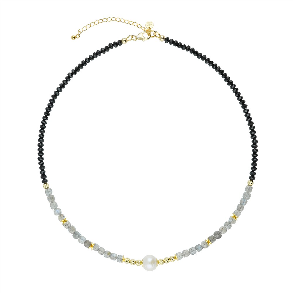 Atelierkette Schörl-Button (4mm), Labradorit-Würfel (4,5mm), Perle (10mm), vergoldet, Verlängerungskettchen | Marco Schreier