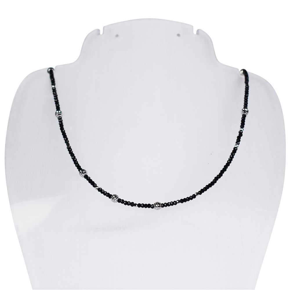 Kette Spinell (schwarz), 2mm Kugeln facettiert, Verlängerungskettchen, rhodiniert | Marco Schreier