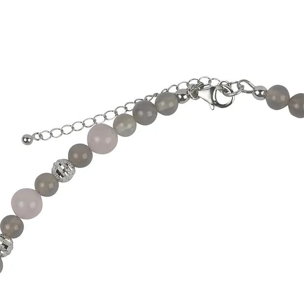 Collier Chalcedon (rosa, silbergrau), Kugeln, rhodiniert, Verlängerungskettchen | Marco Schreier