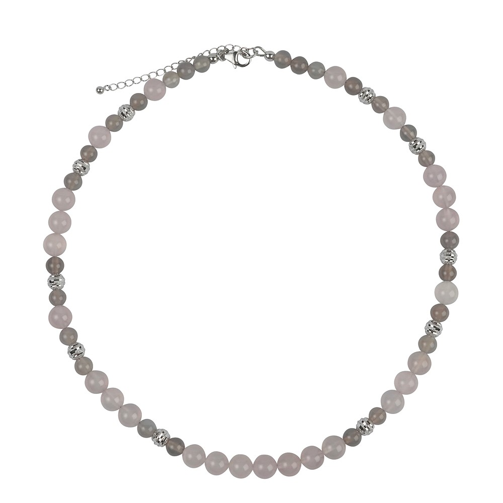 Collier Calcédoine (rose, gris argenté), boules, rhodié, Chaîne d'extension | Marco Schreier