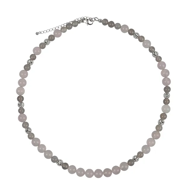 Collier Chalcedon (rosa, silbergrau), Kugeln, rhodiniert, Verlängerungskettchen | Marco Schreier
