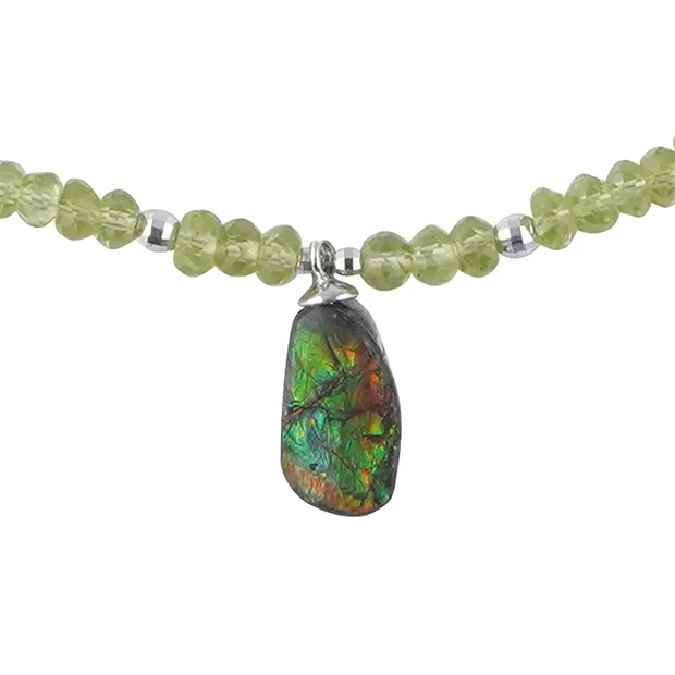 Collier Peridot Button (2,5 x 5mm), Ammolith, rhodiniert, Verlängerungskettchen | Marco Schreier