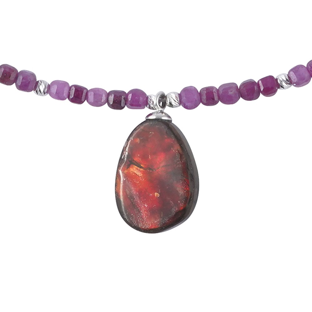 Collana con cubo di Rubino (3 mm), Ammolita, rodiato, catena di prolunga | Marco Schreier