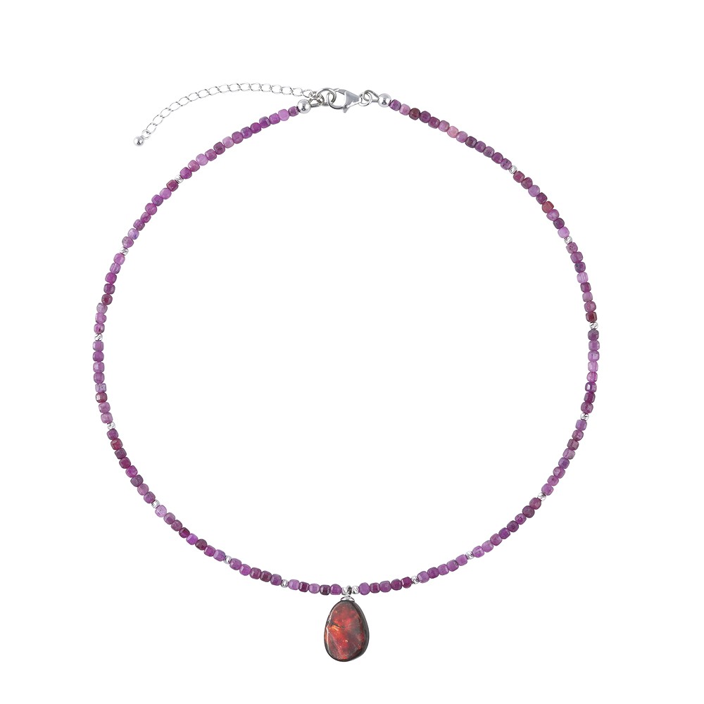 Collana con cubo di Rubino (3 mm), Ammolita, rodiato, catena di prolunga | Marco Schreier