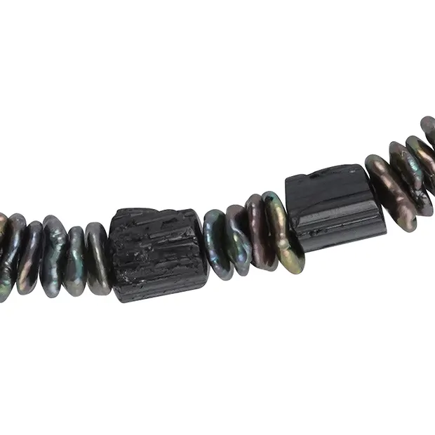 Collar Turmalina negra (chorlo), perlas Keshi, rodinado | Marco Schreier