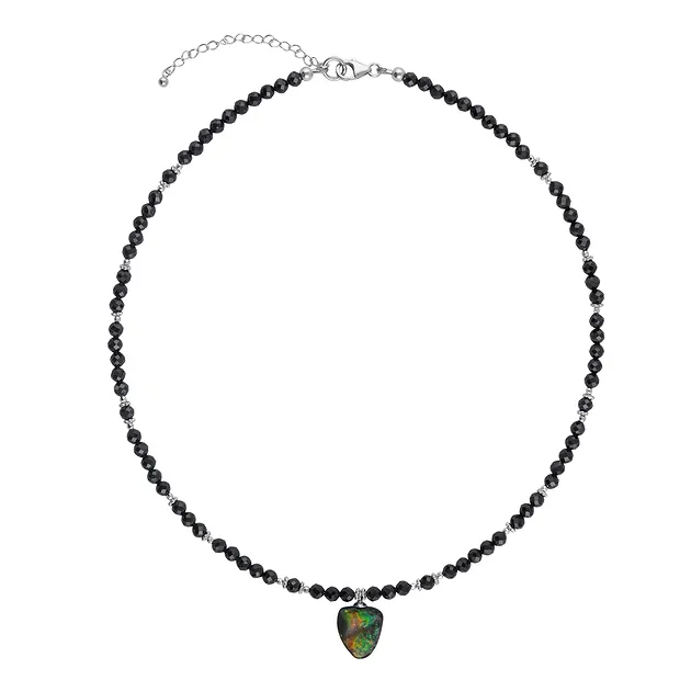 Atelier necklace Spinel black beads (4mm), Ammolite, rhodiniert, extension chain | Marco Schreier