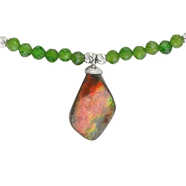 Atelier necklace Chrome Diopside beads (4mm), Ammolite, rhodiniert, extension chain | Marco Schreier