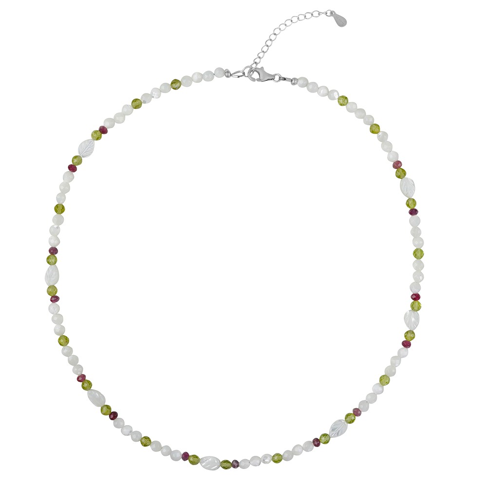 Collana con foglia in Madreperla, Peridoto, tormalina, placcata in rodio, catenella di prolunga | Marco Schreier