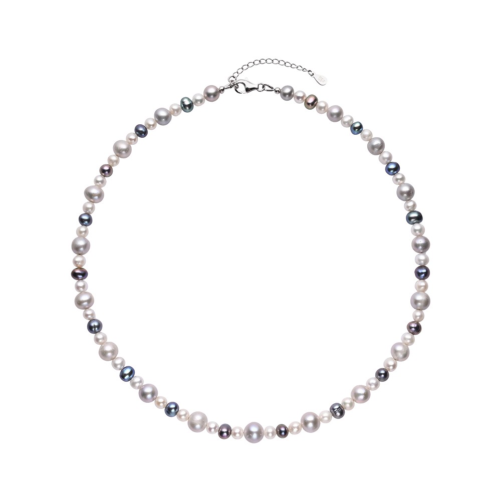 Collar de perlas de agua dulce, blanco/gris/petrol (Potato, 5-8 mm), rodinado | Marco Schreier