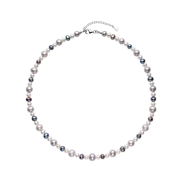 Collar de perlas de agua dulce, blanco/gris/petrol (Potato, 5-8 mm), rodinado | Marco Schreier