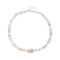 241018260063 Collar de perlas de agua dulce, blanco/salmón (en forma de bastoncito/redondas/barrocas), rodinado | Marco Schreier