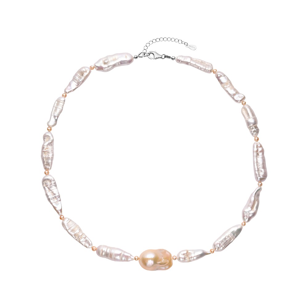 Collar de perlas de agua dulce, blanco/salmón (en forma de bastoncito/redondas/barrocas), rodinado | Marco Schreier
