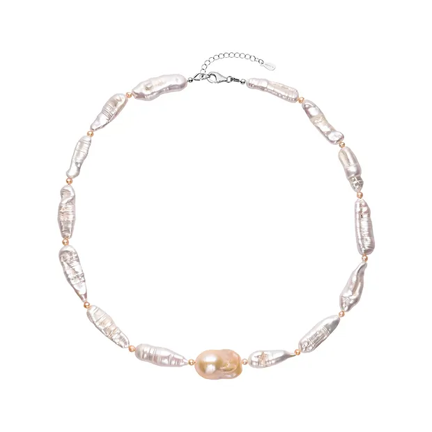 Collar de perlas de agua dulce, blanco/salmón, rodinado | Marco Schreier
