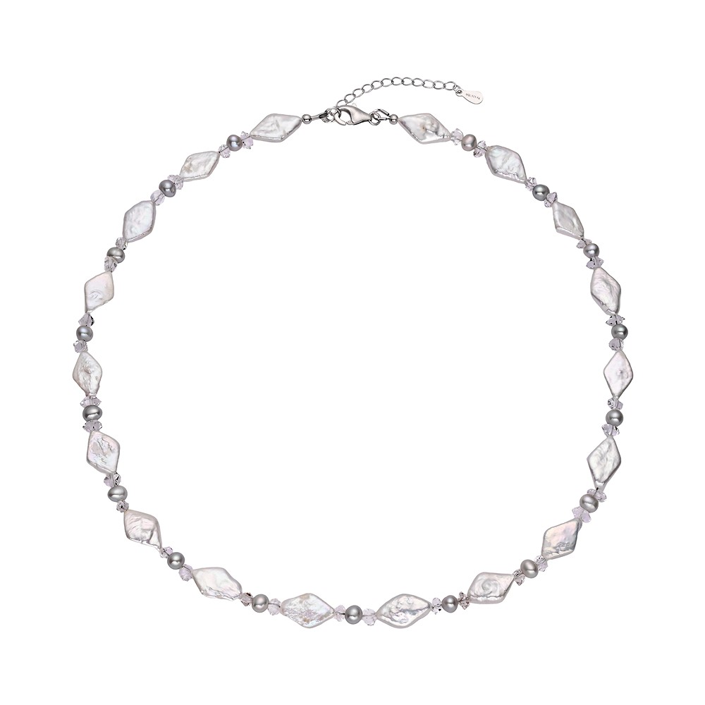 Collar de perlas de agua dulce y Cristal de roca, blanco/gris (forma de rombo/patata), rodinado | Marco Schreier