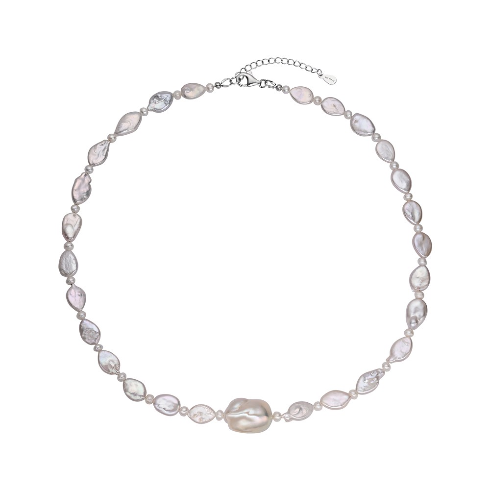 Collar de perlas de agua dulce, blancas (en forma de gota, de patata o barrocas), rodinado | Marco Schreier