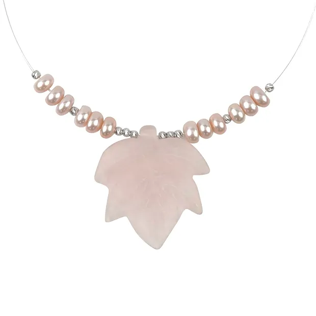 Collier Quartz rose, feuille, rhodié, Chaîne d'extension | Marco Schreier